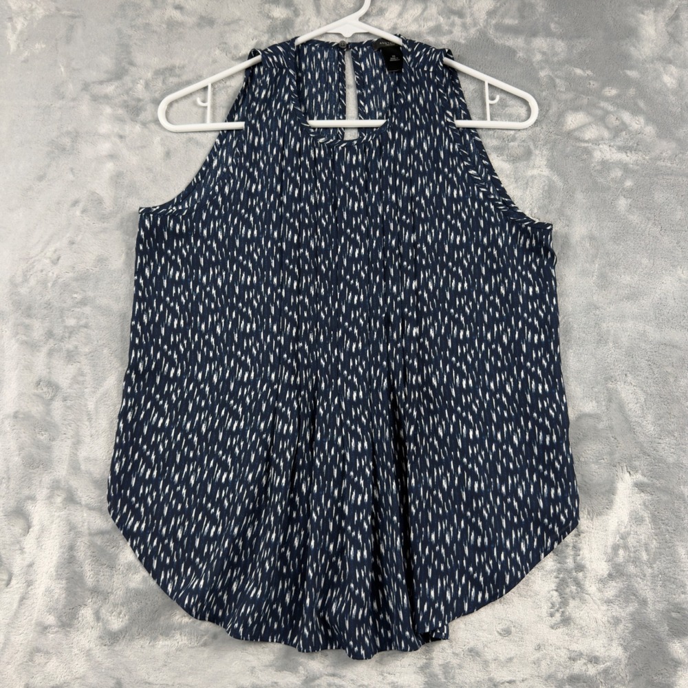 Ann Taylor Factory Navy Blue White Ikat Pleated Sleeveless Blouse XS